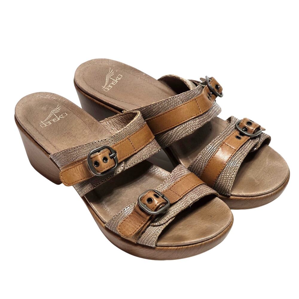 Dansko Jessie Sand Lizard Two Strap wedge heel sandals women's size 38 (7.5)
